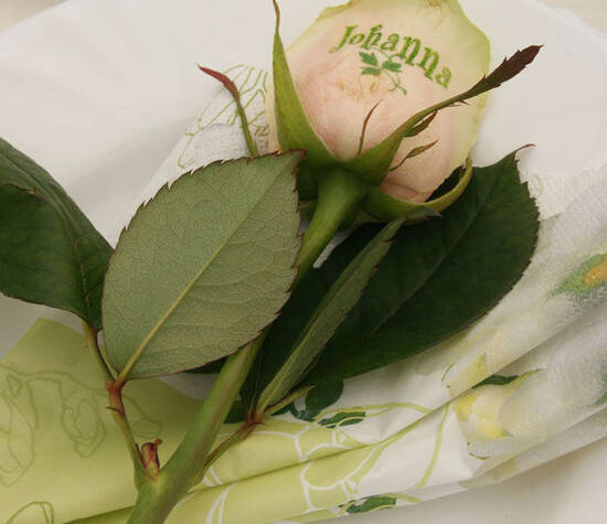 Beispiel: Bedruckte Rose als Namenskärtchen, Foto: Sandra's Blütenzauber.