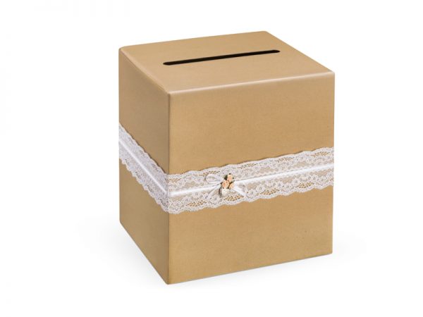 Geschenkbox Hochzeit Umschlag aus Kraftpapier und Nachrichtenbox mit weißen Bändern