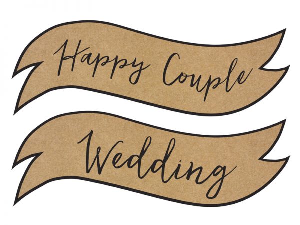 Dekoration Hochzeitsschilder aus Kraftpapier mit schwarzer Umrandung: "Happy Couple" und "Wedding".