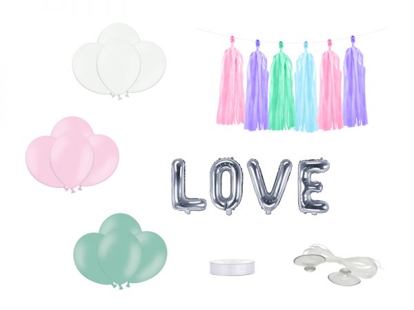 Autoschmuck Wedding Car Kit Silber und Pastellfarben: "Love" Folienhochzeitsballons, bunte Hochzeitsballons und Girlande