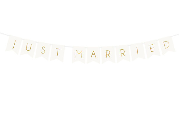Dekoration Weiße Hochzeitswimpel mit goldener Aufschrift: "Just Married".