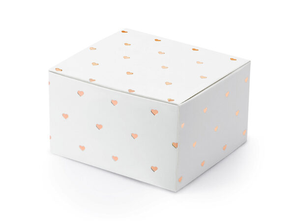 Boxen und Taschen Quadratische Pappschachtel in Weiß und Rose Gold Herzen: 10 Stück.