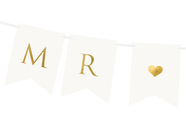 Dekoration Weiße Hochzeitsbanner mit goldener Beschriftung: "Mr, Mrs".