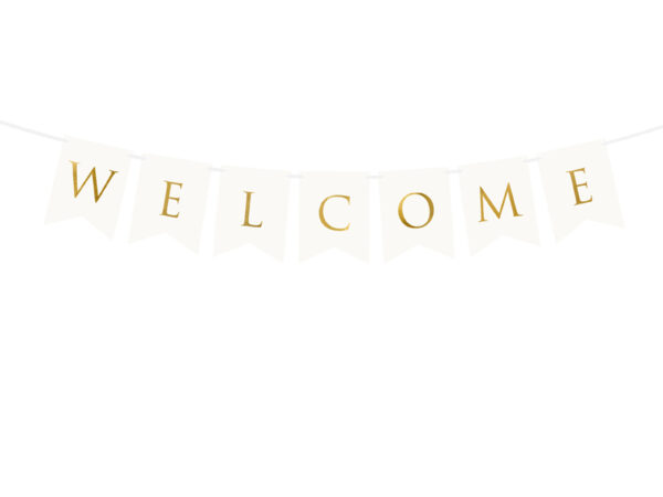 Dekoration Weiße Wimpel mit goldener Aufschrift: "Welcome".