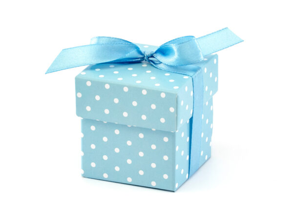 Boxen und Taschen Quadratische Pappschachtel mit weißen Tupfen und blauem Hintergrund mit Deckel: 10 Stk.