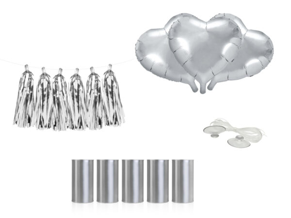 Autoschmuck Silbernes Brautauto-Set: Herzförmige Folienhochzeitsballons, Girlande und Dosen