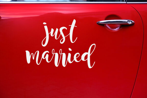 Autoschmuck Hochzeit Hochzeitsautoaufkleber Weiß: "Just Married".