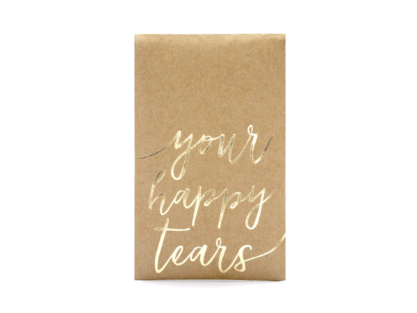 Brautaccessoires Einweg-Taschentücher im Kraftpapierumschlag mit goldener Aufschrift "Your Happy Tear": 10 Stück.