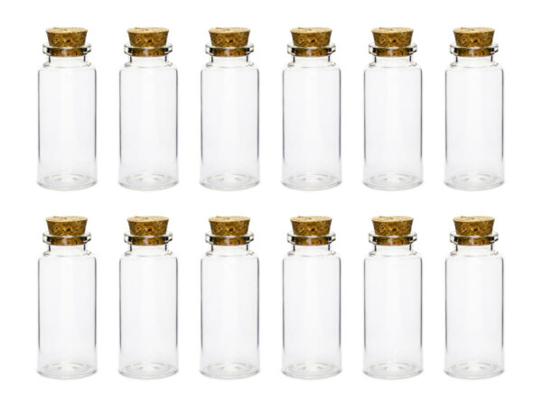 Beutel und Kästchen Transparente Glasflaschen mit Korkstopfen: 12 Stück.