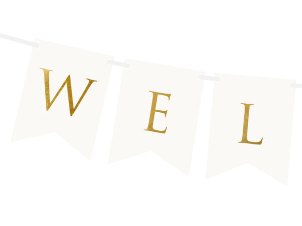 Babyshower Weiße Wimpel mit goldener Aufschrift: "Welcome".