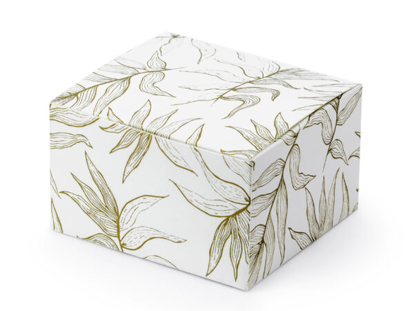 Beutel und Kästchen Quadratische Pappschachtel in weißer Farbe mit goldenen Blättern: 10 Stück.