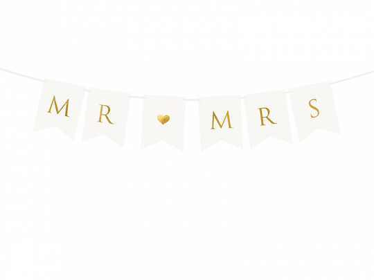 Girlanden Weiße Hochzeitsbanner mit goldener Beschriftung: "Mr, Mrs".