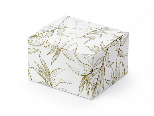 Beutel und Kästchen Quadratische Pappschachtel in weißer Farbe mit goldenen Blättern: 10 Stück.
