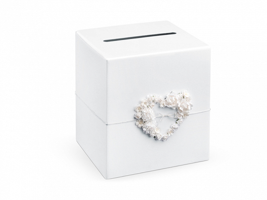 Geschenkbox Hochzeit Briefumschlag und Nachrichtenbox aus perlweißem Karton mit Blumen in Herzform