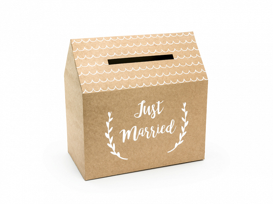 Geschenkbox Hochzeit Hausbox für Umschläge und Botschaften aus Kraftpapier "Just Married" Weiß